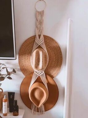 Macrame Two Hat Hanger With Gold Ring *Hats NOT Included*